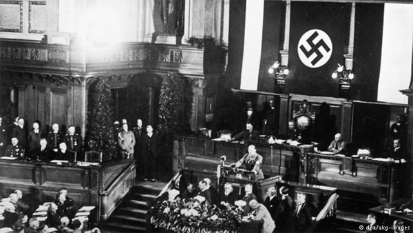 The Reichstag passes the Enabling Act of 1933, making Adolf Hitler dictator of Germany on March 23, 1933