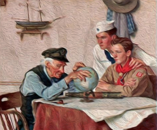 Understanding Military Terminology: Scout of Many Trails (Sea Scout and Boy Scout look at globe with old sailor) ~ Norman Rockwell