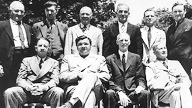 Ten Baseball Hall of Famers pose outside the museum in Cooperstown, June 12, 1939. Front row; Eddie Collins, Babe Ruth, Connie Mack, Cy Young. Back row: Honus Wagner, Grover Cleveland Alexander, Tris Speaker, Napoleon Lajoie, George Sisler and Walter Johnson