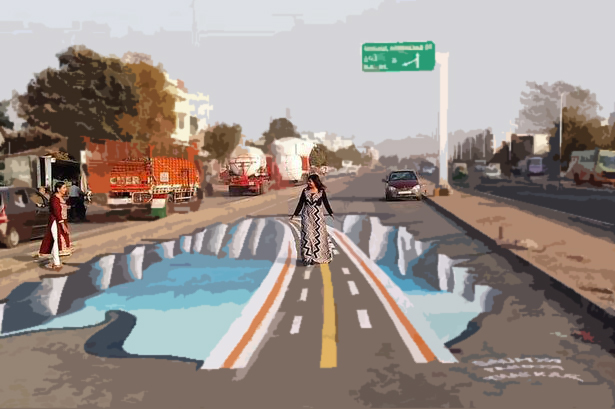 Amazing 3D artists turn road into treacherous stretch in bid to encourage drivers to slow down