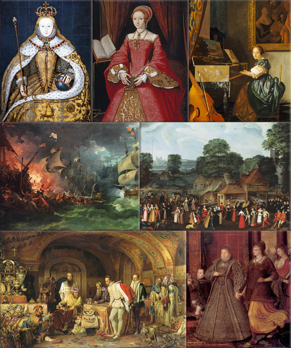 Elizabethan Era: Elizabeth I in her coronation robes, patterned with Tudor roses and trimmed with ermine; The Lady Elizabeth in about 1546; Elizabeth playing the virginals;  Elizabeth and Philip, King of Spain, relations deteriorated ending in the defeat of the Spanish Armada;  A wedding feast, 1569;  Ivan the Terrible shows his treasures to Elizabeth's ambassador, by Alexander Litovchenko, 1875;  Elizabeth ushers in Peace and Plenty. Detail from The Family of Henry VIII: An Allegory of the Tudor Succession, 1572, attributed to Lucas de Heere.