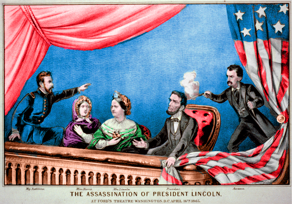 The Assassination of President Lincoln (Currier & Ives, 1865), from left to right: Major Henry Rathbone, Clara Harris, Mary Todd Lincoln, Abraham Lincoln, and John Wilkes Booth © (The Assassination of Abraham Lincoln - Colorized by Old Sailor's Almanac)
