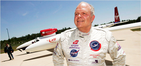 Steve Fossett becomes the first person to fly an airplane non-stop around the world solo without refueling on March 03, 2005