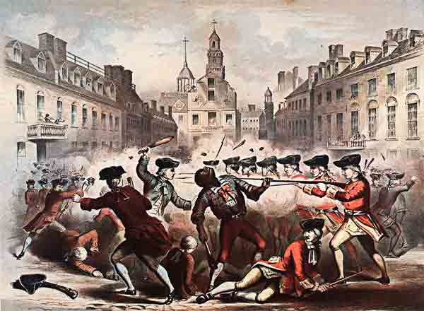 Boston Massacre, March 5th, 1770 (1855), original painting by illustrator William L. Champney (fl. 1850–1857), reproduced as a chromolithograph and published by Henry Q. Smith, Boston. Courtesy of the Boston Athenaeum.