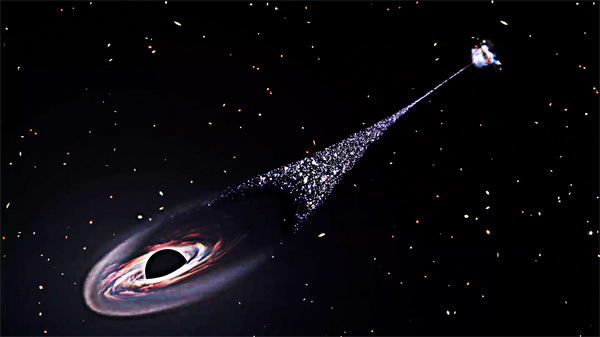 “Runaway” black hole the size of 20 million suns caught speeding through space with a trail of newborn stars behind it