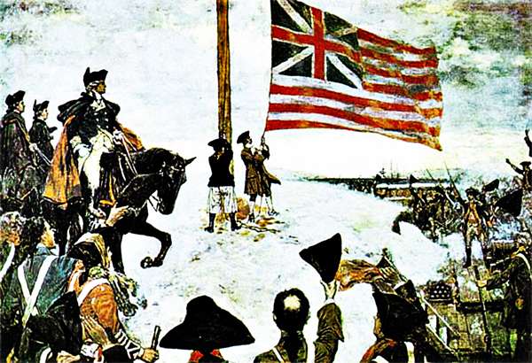 General George Washington hoists the first United States flag, the Grand Union Flag, at Prospect Hill on January 01, 1776